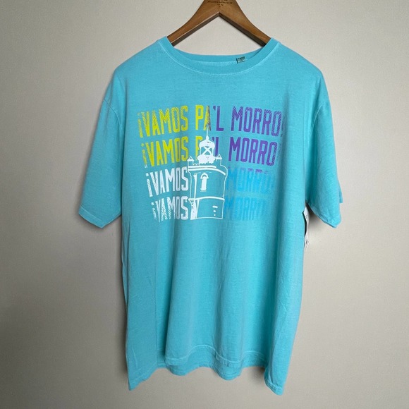 NWT Puerto Rico Graphic Tee Short Sleeve Crew Neck Blue Neon El Morro San Juan L - Picture 1 of 11